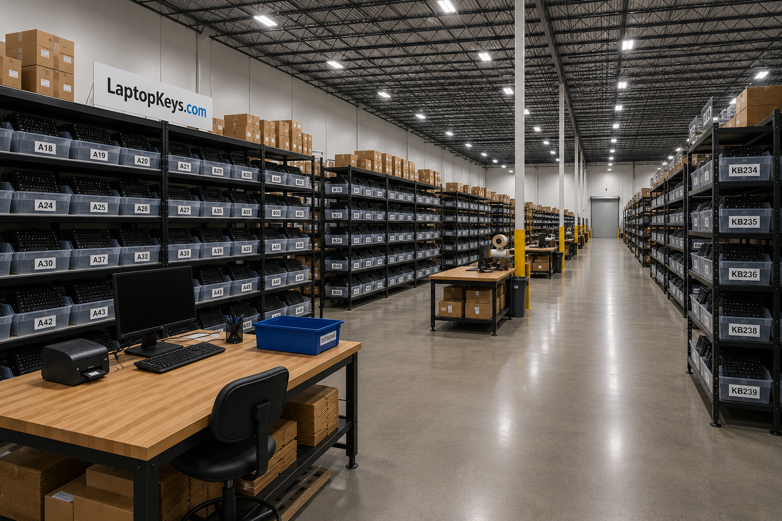 Inside the LaptopKeys.com warehouse — labeled inventory bins lining the shelves, organized by model